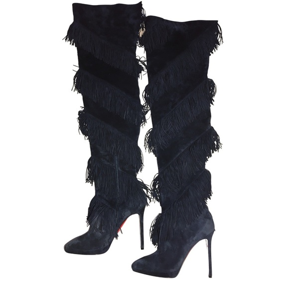 Christian Louboutin Shoes - Christian Louboutin | Bolcheva Fringe Over the Knee Thigh Boot | Suede |Black|40